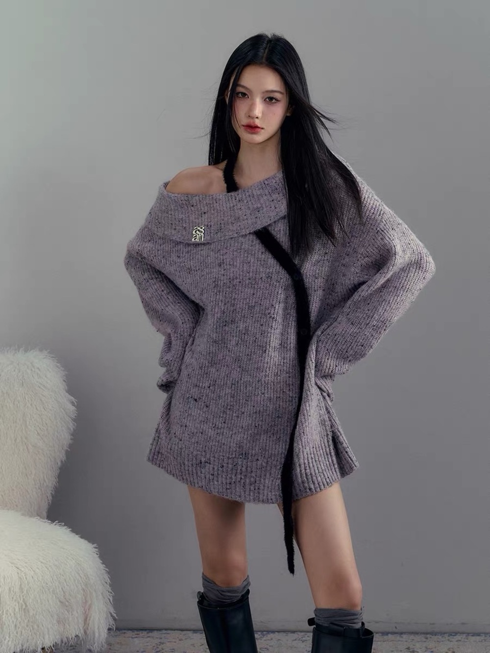 Oversized Lavender Gray Knit Offshoulder Sweater Dress - Women's Sweaters